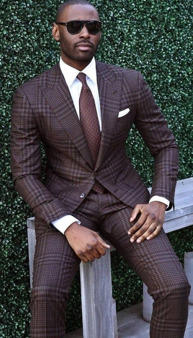 Costume Homme  Men Suits 2 Pieces Damier Checkered Two Buttons Slim Fit Formal Business Wedding Causal Prom