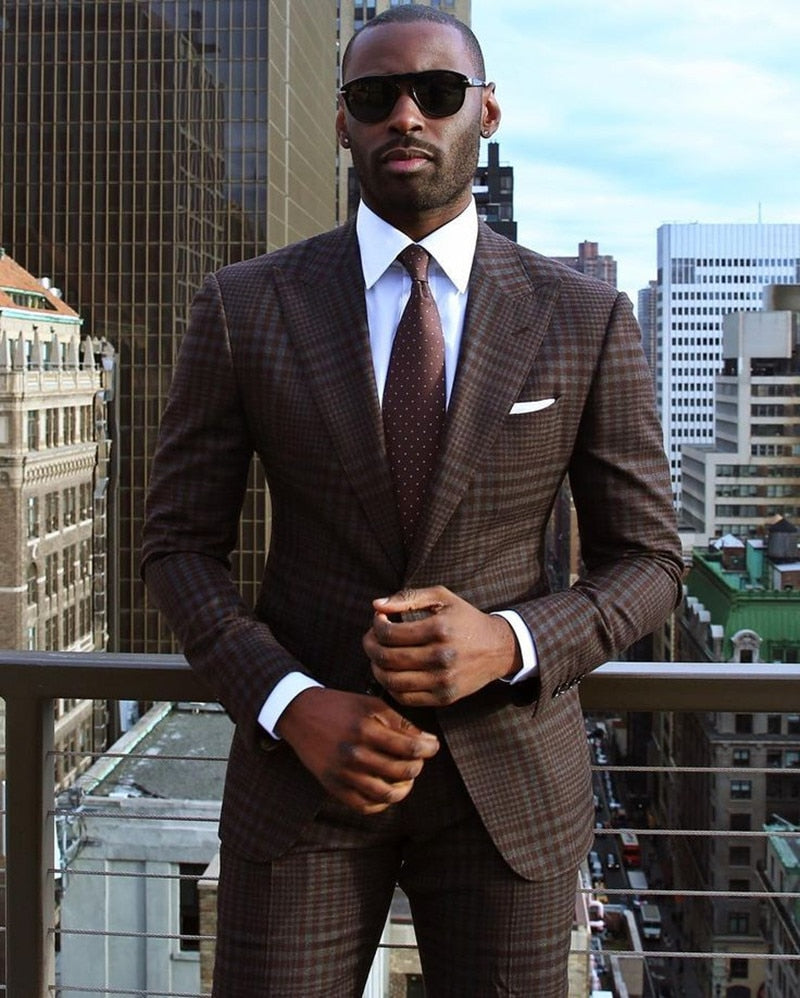 Costume Homme  Men Suits 2 Pieces Damier Checkered Two Buttons Slim Fit Formal Business Wedding Causal Prom