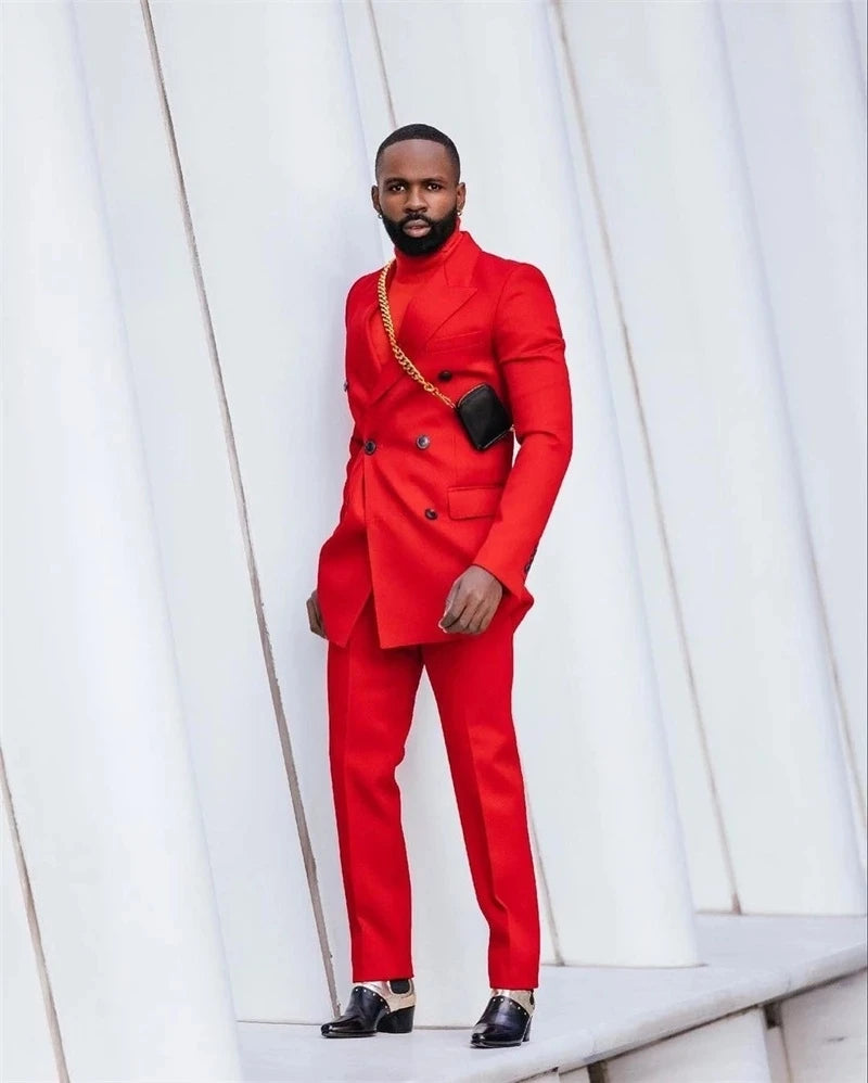 Traje de hombre rojo de doble botonadura, entallado, para boda, esmoquin, para novio, graduación, padrino, blazer, 2 piezas, chaqueta y pantalón