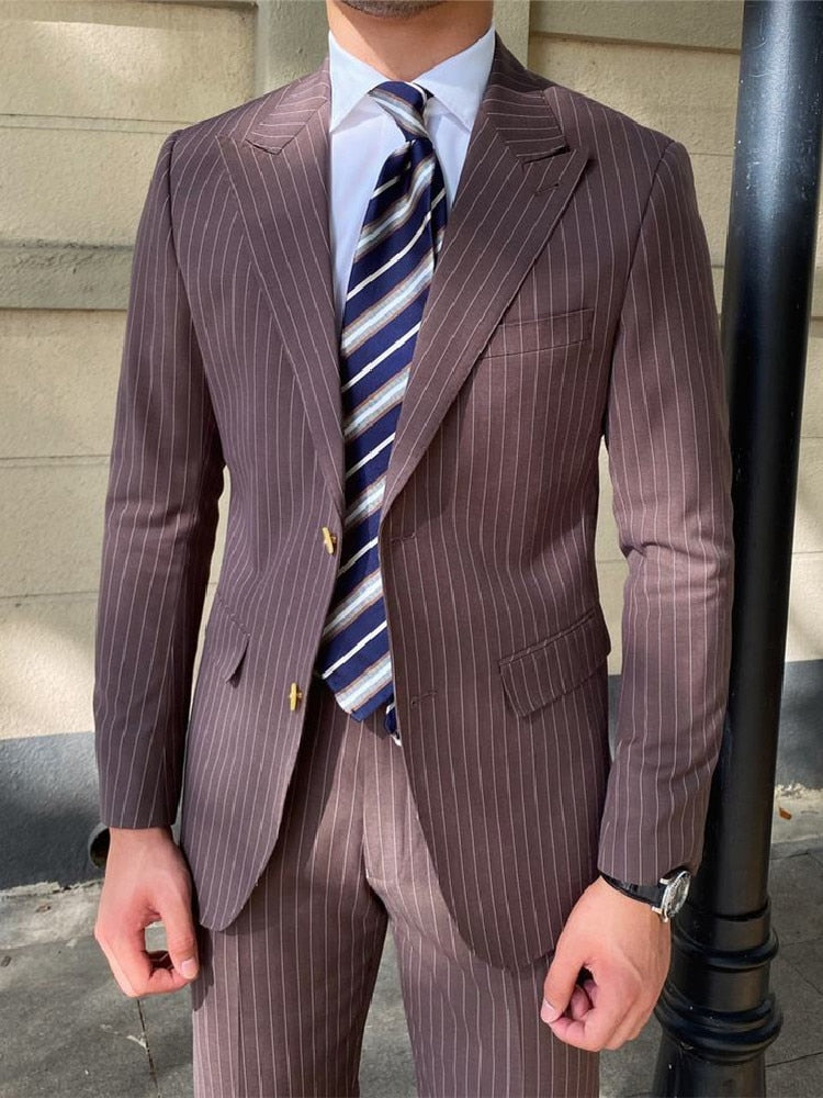 Costume homme 2 pièces blazer pantalon simple boutonnage revers pointu rayures fines mode smoking affaires moderne mariage marié 