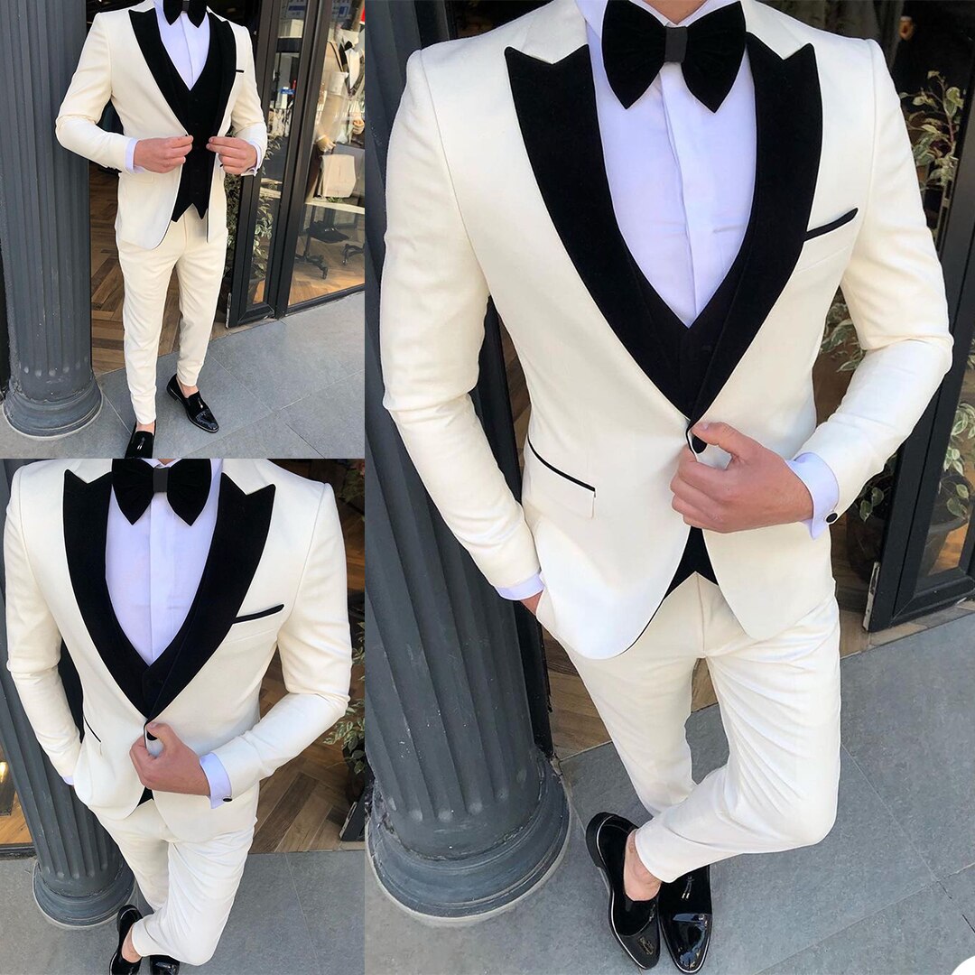 Cream White men Tuxedos Groom Wear Slim Fit One Button Wedding Blazer Suits Business Prom Party Jacket 3 Pieces