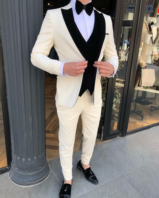 Cream White men Tuxedos Groom Wear Slim Fit One Button Wedding Blazer Suits Business Prom Party Jacket 3 Pieces