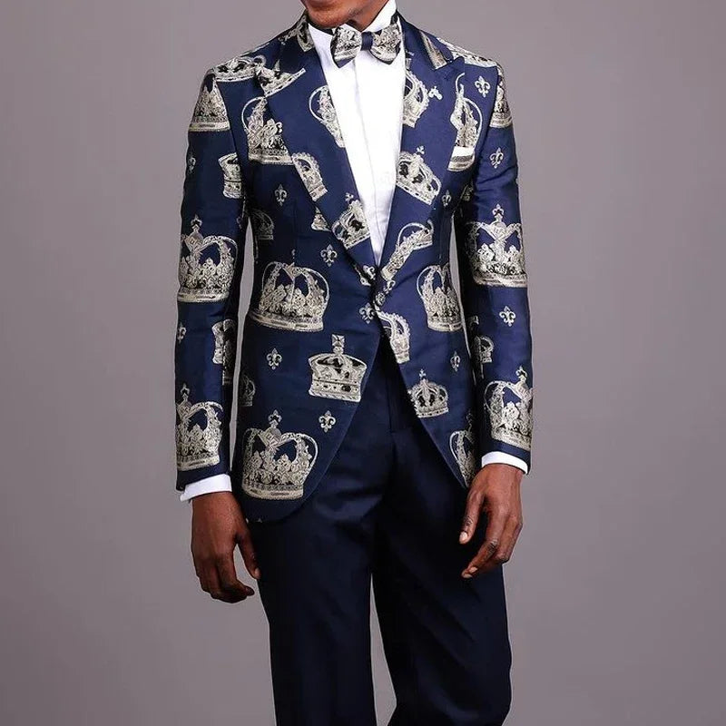 Costume de marié 2 pièces en jacquard avec couronne, coupe slim, revers pointus, costume tendance pour homme (veste + pantalon)