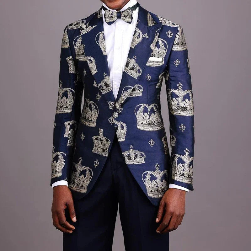 Costume de marié 2 pièces en jacquard avec couronne, coupe slim, revers pointus, costume tendance pour homme (veste + pantalon)