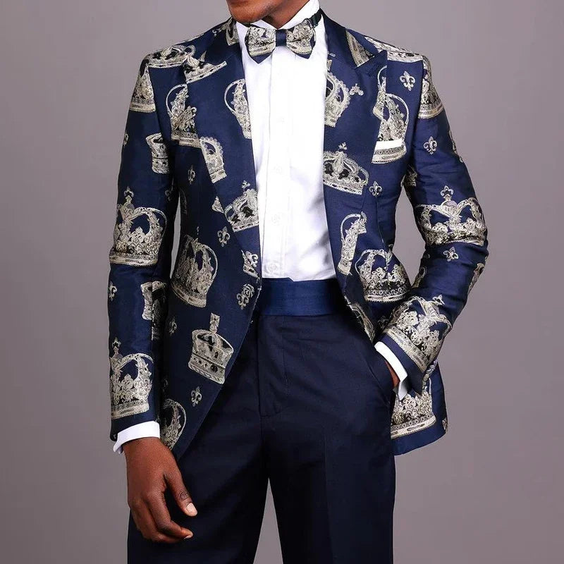 Costume de marié 2 pièces en jacquard avec couronne, coupe slim, revers pointus, costume tendance pour homme (veste + pantalon)