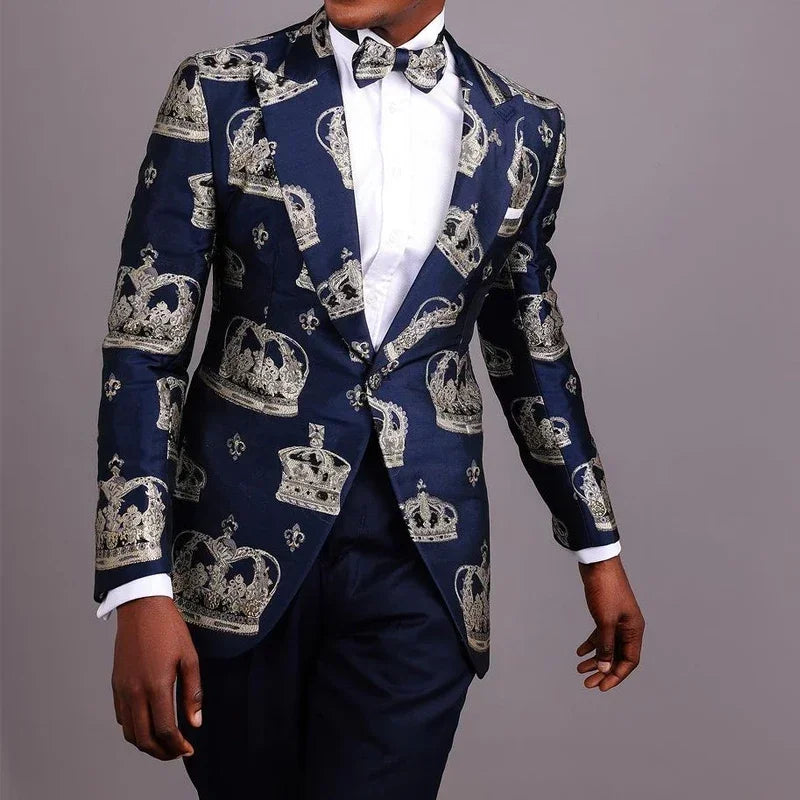 Costume de marié 2 pièces en jacquard avec couronne, coupe slim, revers pointus, costume tendance pour homme (veste + pantalon)