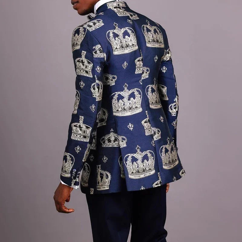 Esmoquin de novio con corona de jacquard para boda, 2 piezas, corte entallado, solapa de pico, traje de moda para hombre (chaqueta + pantalón)