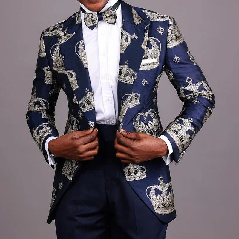 Costume de marié 2 pièces en jacquard avec couronne, coupe slim, revers pointus, costume tendance pour homme (veste + pantalon)