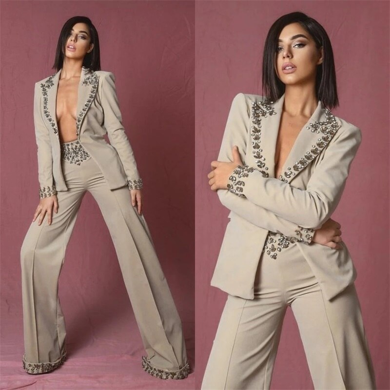 Conjunto de traje con cuentas de cristal para mujer, blazer y pantalones, formal, para oficina, negocios, graduación, chaqueta, abrigo, talla personalizada 