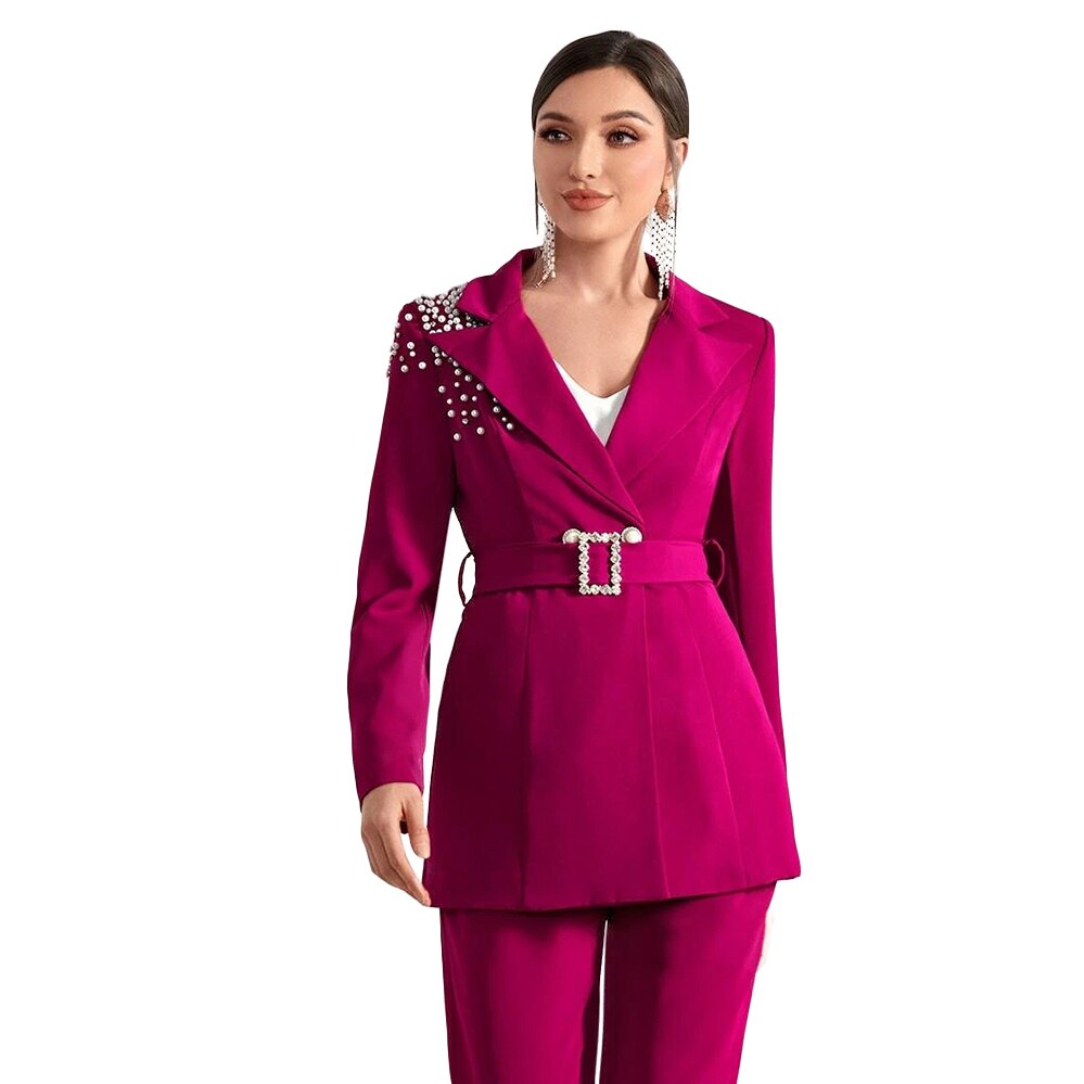 Costume de soirée ample pour femme, avec perles de cristal, pour mère de la mariée (veste et pantalon) 