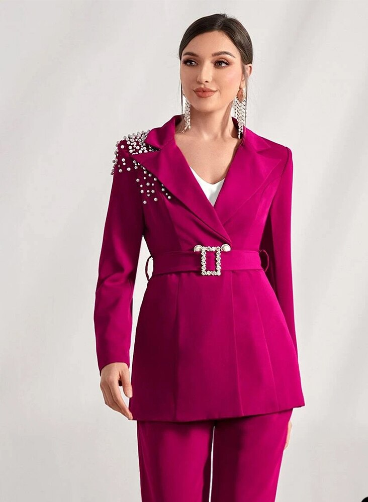 Costume de soirée ample pour femme, avec perles de cristal, pour mère de la mariée (veste et pantalon) 