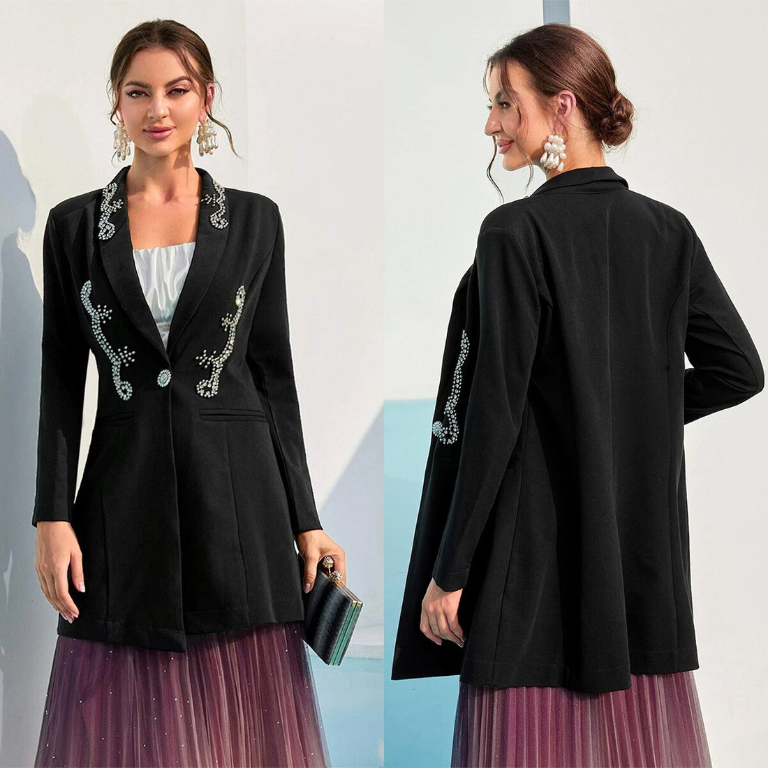 Blazer de mujer con cuentas de cristal, holgado, con cuentas, para fiesta de noche o cumpleaños, una sola pieza 
