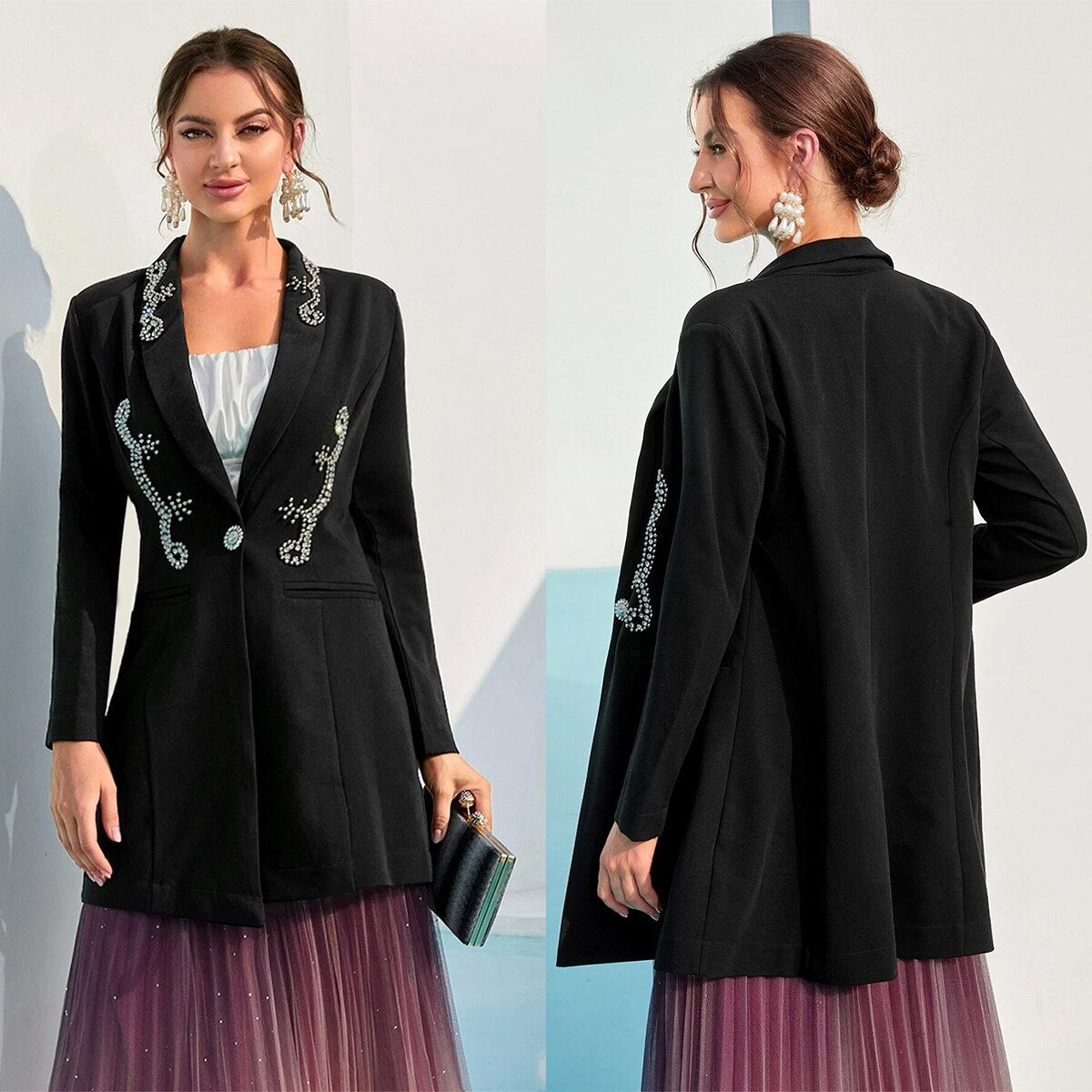 Blazer en perles de cristal pour femme, tenue ample de soirée, de fête, d'anniversaire, une seule pièce 