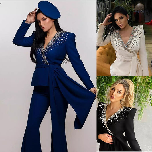 Crystal Rhinestone Mother Of The Bride Pant Suits Evening Party Outfit Women Tuxedos For Wedding (Jacket+Pants)