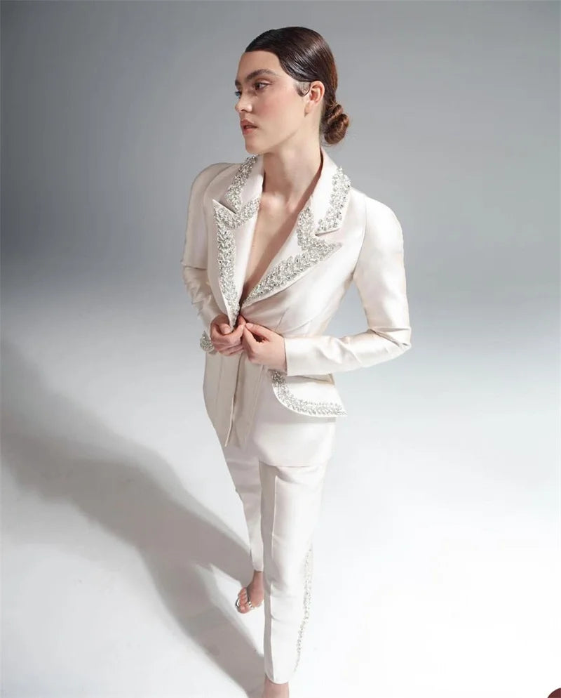 Crystal Women Suits Set For Wedding Tuxedo Custom Made 2 Pcs Blazer+Straight Pants Formal Office Lady Bridal Party Prom Dress