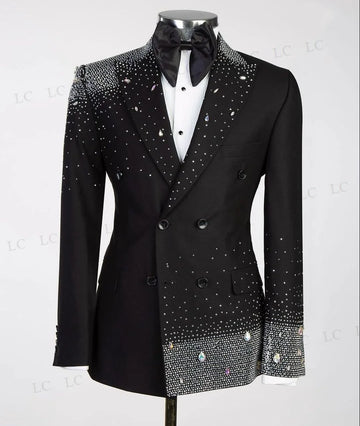 Men's Black Double-breasted Tuxedo Suit with Crystal Embellishments