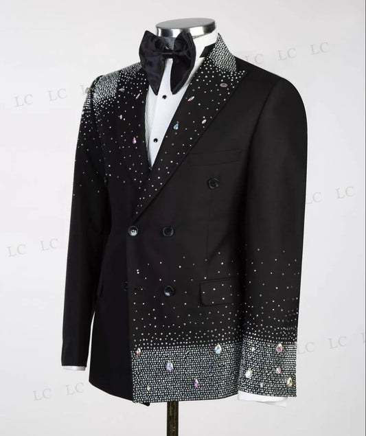 Mens Black Double Breasted Tuxedo Jacket with Crystal Embellishments
