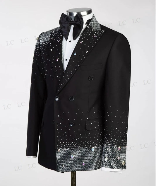 Stunning Men's Crystal-Embellished Tuxedo Suit Set for Weddings and Parties - Tailored Blazer with Sparkling Beads and Plus Sizes Available