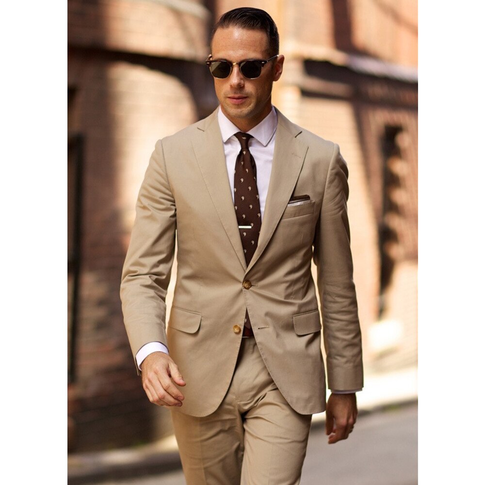 Custom Beige Suit 2 Pieces Two Button Notch Lapel Groom Tuxedo Slim Fit Wedding Outfits (Jacket+Pants+Tie)