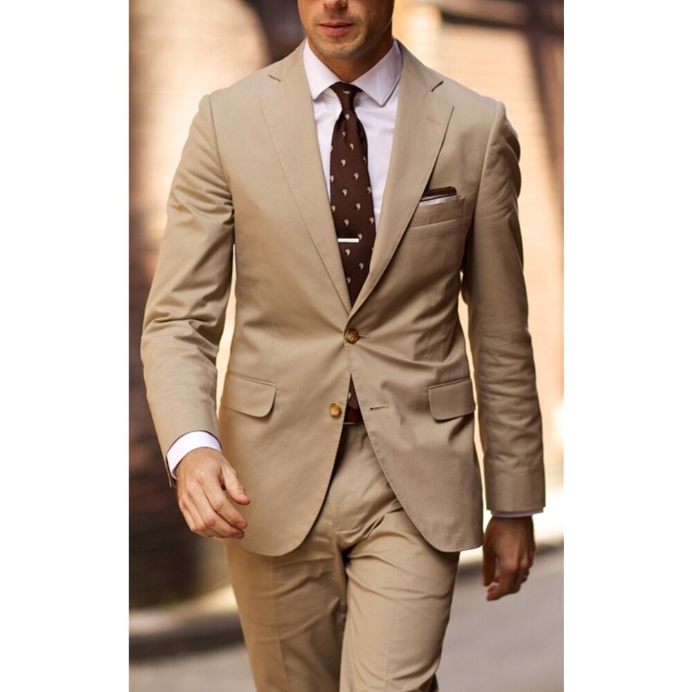Custom Beige Suit 2 Pieces Two Button Notch Lapel Groom Tuxedo Slim Fit Wedding Outfits (Jacket+Pants+Tie)