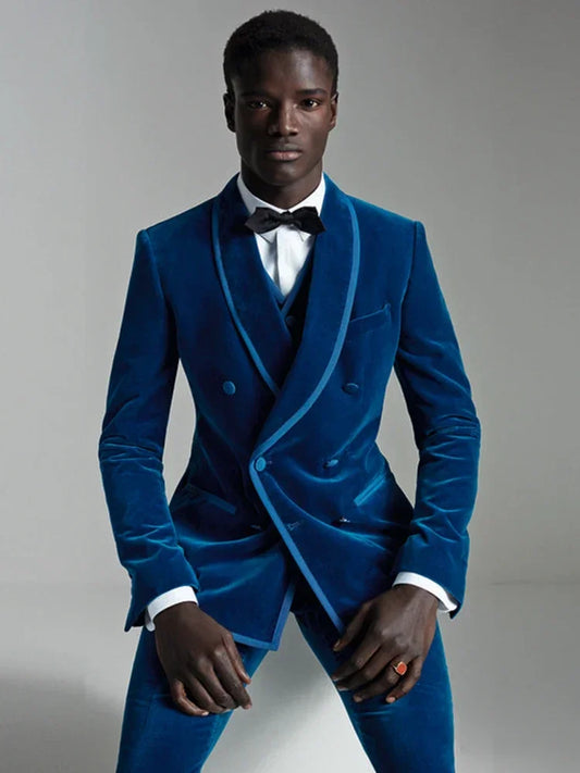 Custom Double Breasted Velvet Men's Suits 3 Piece Slim Fit African Fashion Groom Wedding Tuxedo Prom Costume