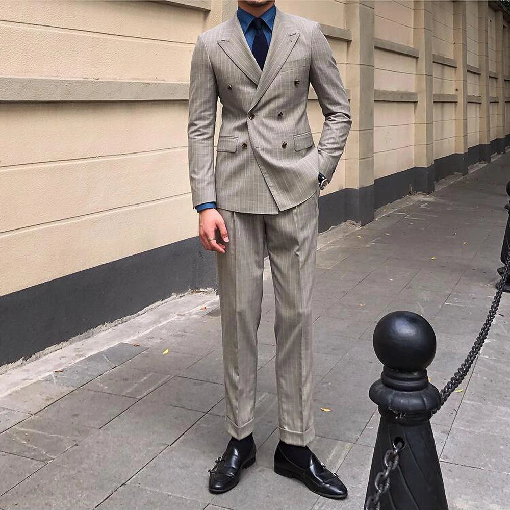 Custom Fashion Vertical Stripe Wedding Suits for Men Slim Groom Best Man Party Formal Business Male Suit 2 Piece Blazer Pants