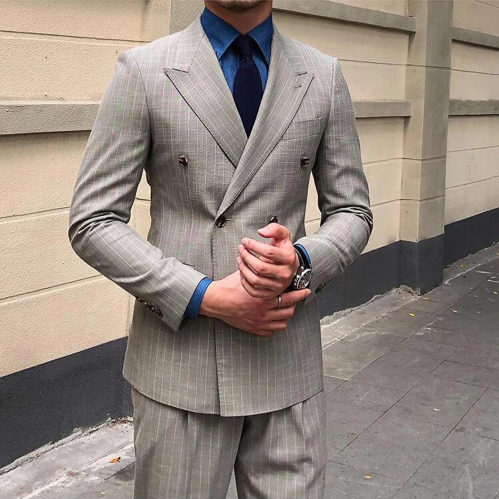 Custom Fashion Vertical Stripe Wedding Suits for Men Slim Groom Best Man Party Formal Business Male Suit 2 Piece Blazer Pants