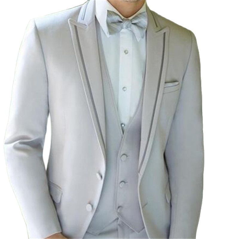 Ensemble de costumes de mariage pour hommes sur mesure 3 pièces (veste + pantalon + gilet + cravate) smoking marié revers en pointe argenté