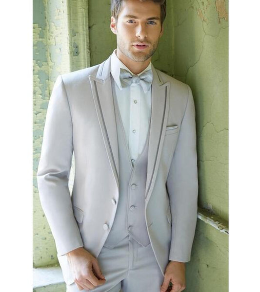 Custom Made Blazer Trousers Wedding Men Suits Sets 3Pcs(Jacket+Pants+Vest+Tie)Tuxedo Groom Silver Peak Lapel