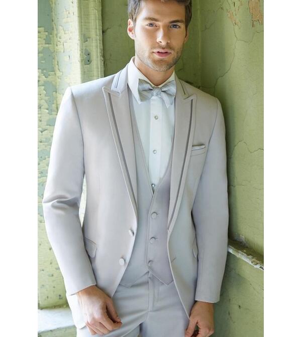 Ensemble de costumes de mariage pour hommes sur mesure 3 pièces (veste + pantalon + gilet + cravate) smoking marié revers en pointe argenté