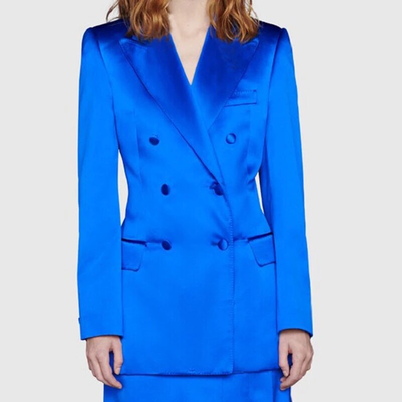 Trajes de mujer de satén azul hechos a medida, conjuntos de 2 piezas, blazer, pantalones, abrigo informal de verano para damas de negocios, atuendo diario 