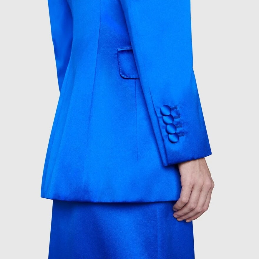 Trajes de mujer de satén azul hechos a medida, conjuntos de 2 piezas, blazer, pantalones, abrigo informal de verano para damas de negocios, atuendo diario 