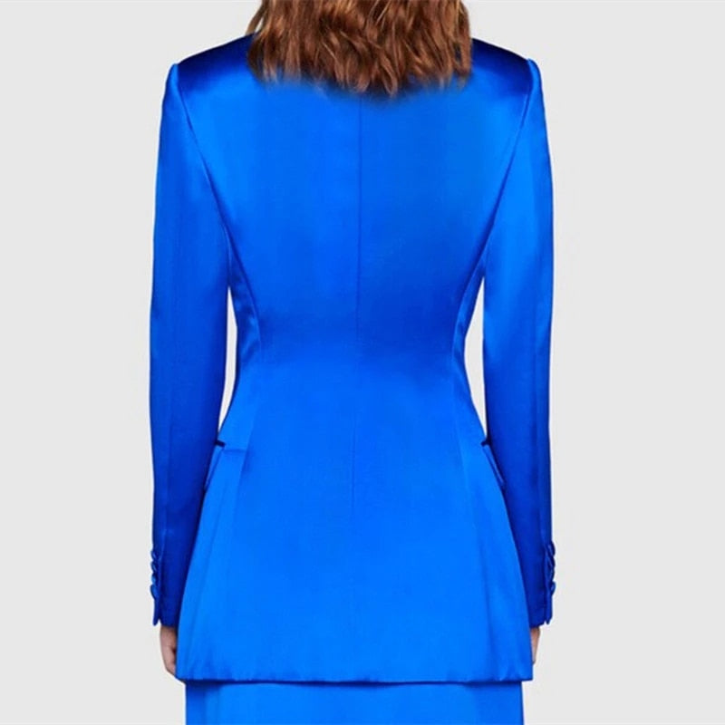 Trajes de mujer de satén azul hechos a medida, conjuntos de 2 piezas, blazer, pantalones, abrigo informal de verano para damas de negocios, atuendo diario 