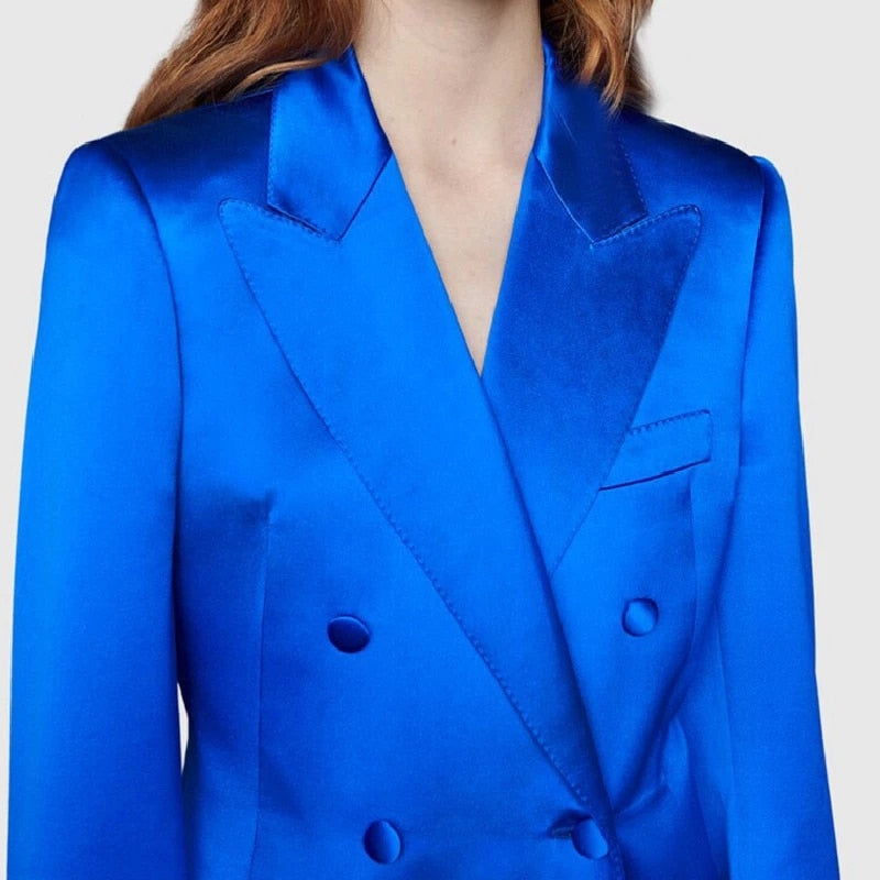 Trajes de mujer de satén azul hechos a medida, conjuntos de 2 piezas, blazer, pantalones, abrigo informal de verano para damas de negocios, atuendo diario 