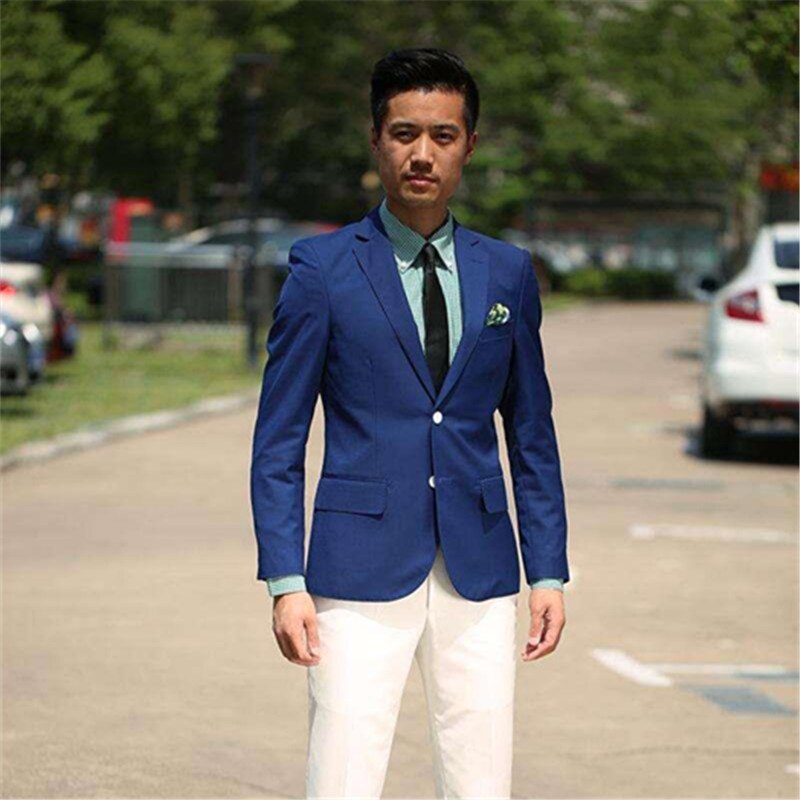 Trajes de boda azules para novios, hechos a medida, 2 piezas (chaqueta, pantalón y corbata), abrigo, pantalón, chaqueta de padrino, blazer ajustado. 