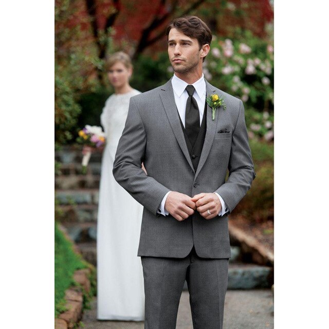 Custom Made Groom Tuxedo Business Men‘s Suits Sets 3Pcs(Jacket+Pants+Black Vest+Tie)Grey Blazer Trousers Prom Wedding Party Wear