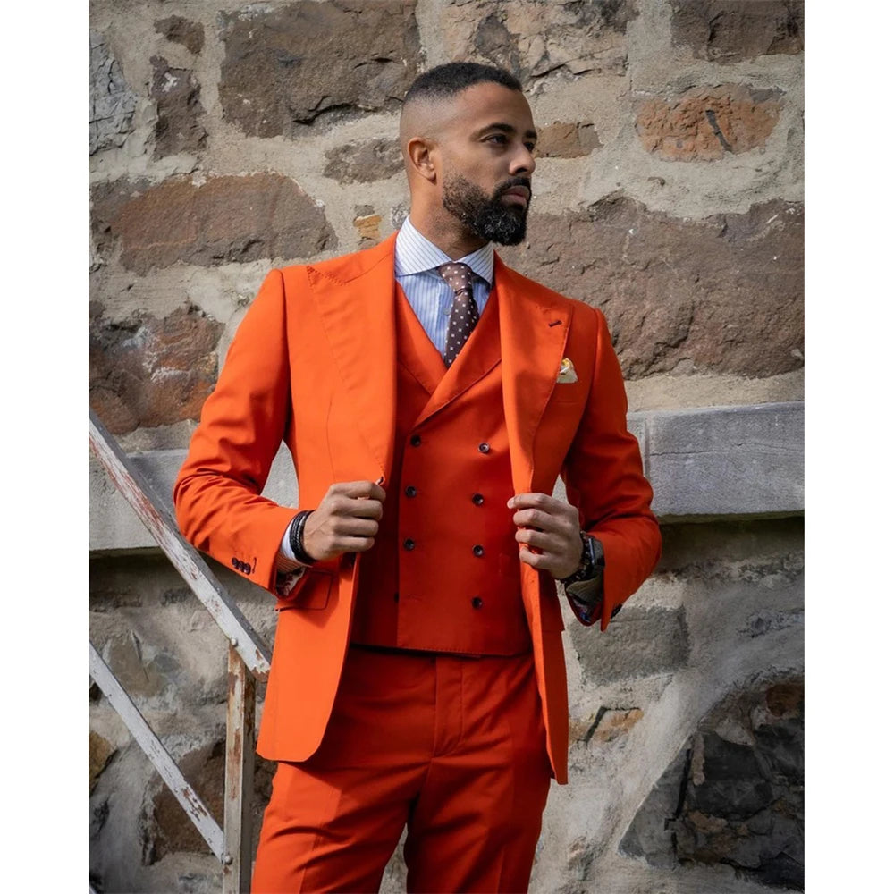 Custom Made Men Suits Dark Orange Groom Suit Peak Lapel Groomsmen 3 Pieces Set Wedding  ( Jacket + Pants + Vest  )