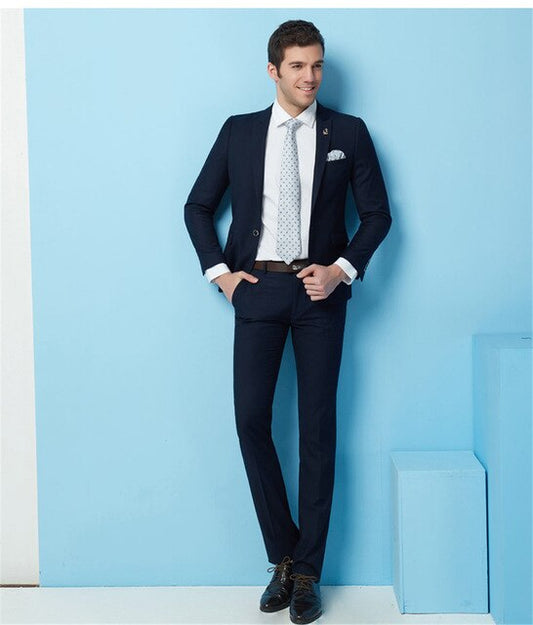 Custom Made Navy Blue Men Suit 3pieces Terno Causal Wedding Prom Groom Men Suits(Jacket+Pant+Vest+Tie)