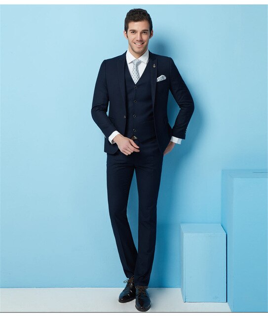 Traje azul marino de 3 piezas para hombre, hecho a medida, informal, para boda, graduación, novio (chaqueta, pantalón, chaleco y corbata) 