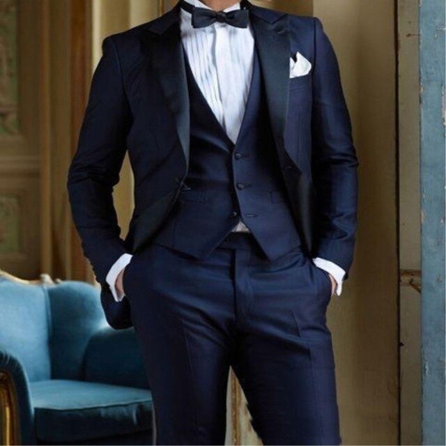 Costumes de bal de mariage bleu marine sur mesure, coupe ajustée, vestes, pantalons, gilets, ensemble 3 pièces, smoking de marié, blazer formel 