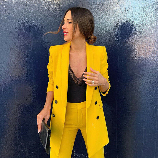 Custom Made Yellow Women Blazers Set Long Sleeve Office Lady Two Piece Suits Work Outfits Matching Set (Jacket+Pants)