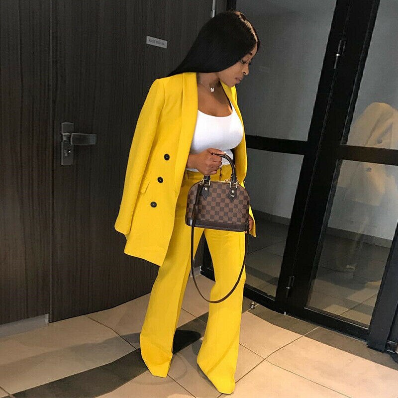 Custom Made Yellow Women Blazers Set Long Sleeve Office Lady Two Piece Suits Work Outfits Matching Set (Jacket+Pants)