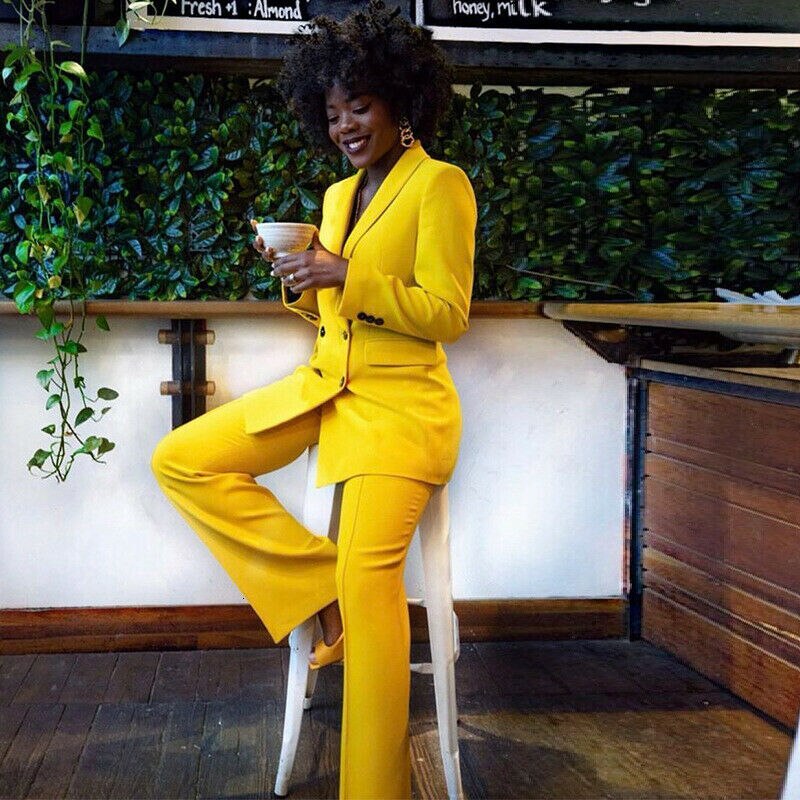 Custom Made Yellow Women Blazers Set Long Sleeve Office Lady Two Piece Suits Work Outfits Matching Set (Jacket+Pants)