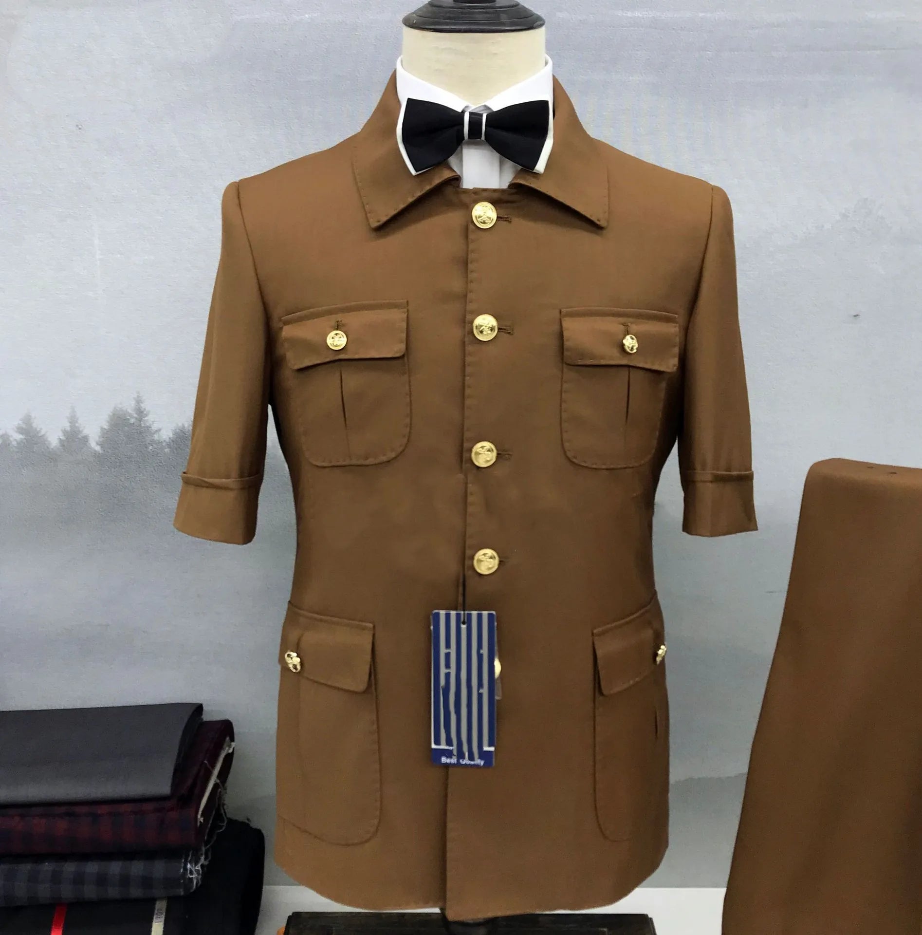Men's Short Sleeve Brown Uniform Blazer with Gold Buttons and Front Pockets