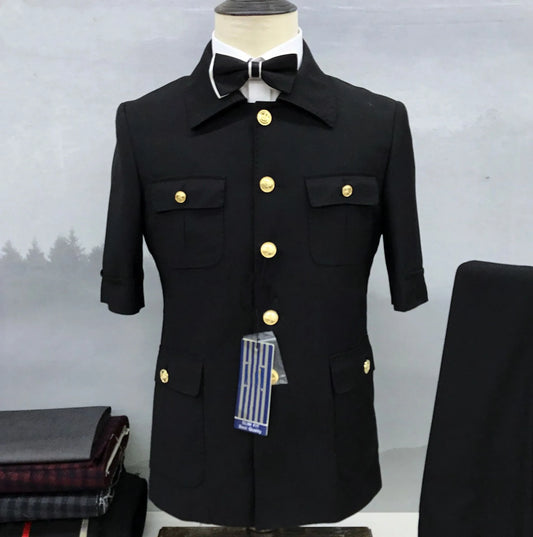 Men's Short Sleeve Brown Uniform Blazer with Gold Buttons and Front Pockets