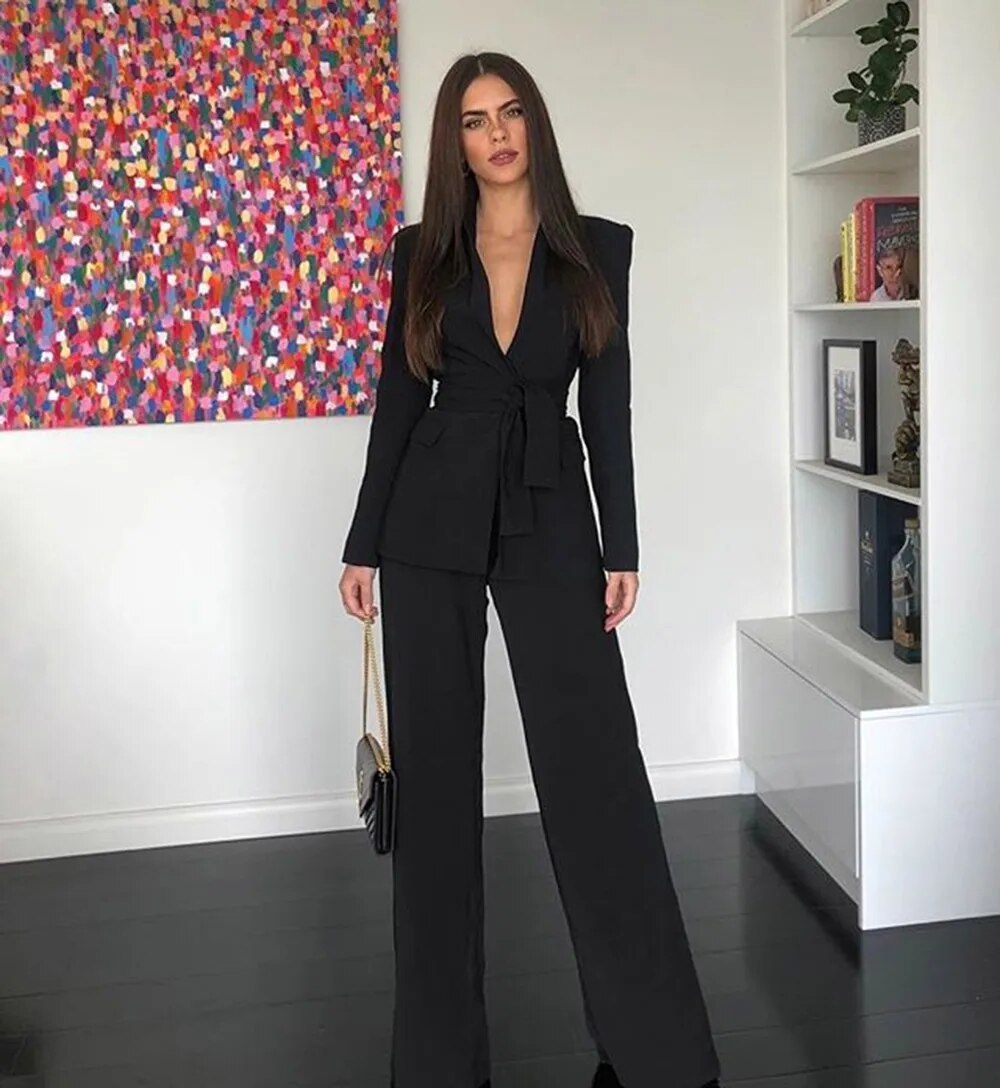 Custom Women Suits Sets Slim Fit Notch Lapel Blazer Trousers Ladies Sexy Deep V Neck Coat With Belt 2 Pcs Jacket Wide Leg Pants