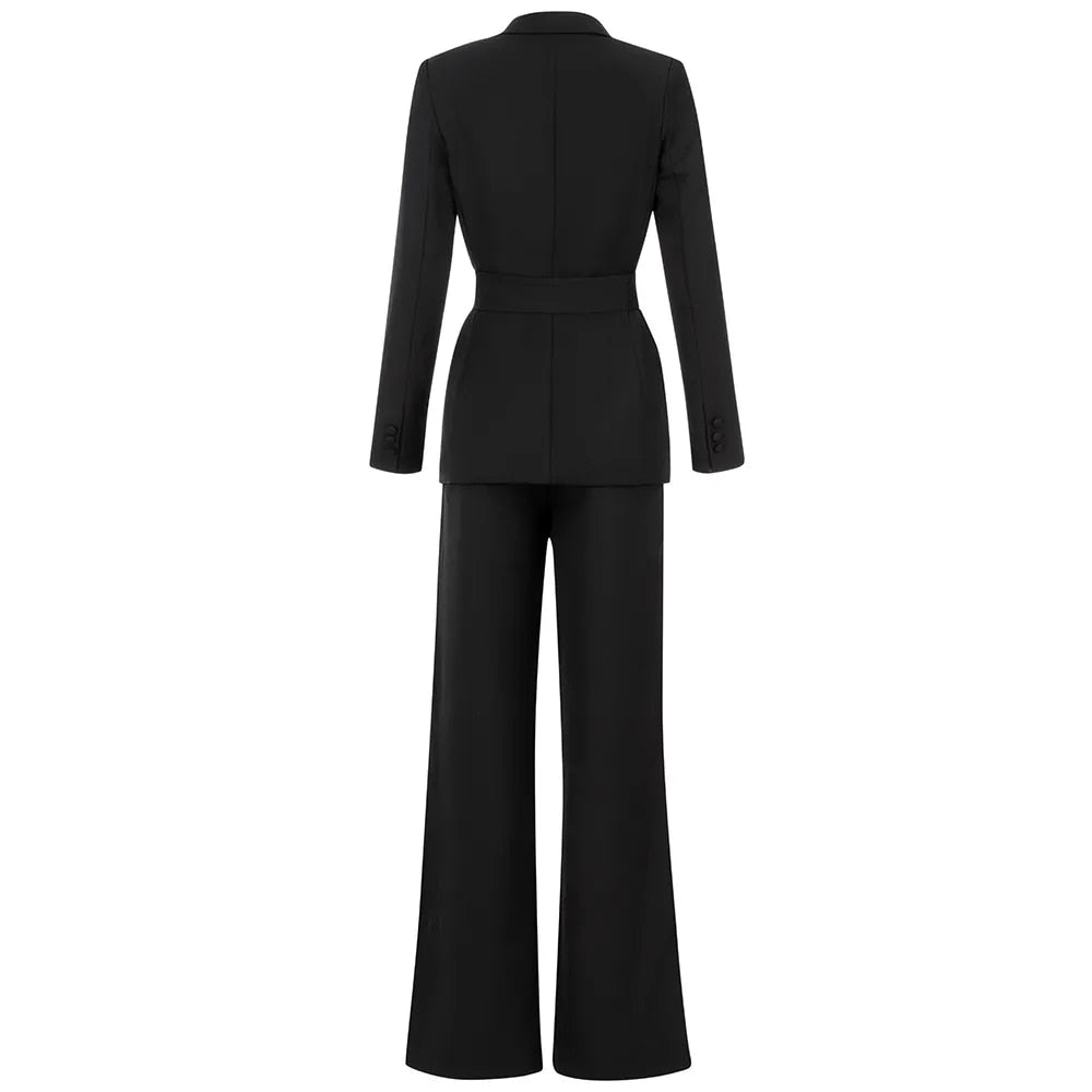 Conjuntos de trajes personalizados para mujer, blazer ajustado con solapa y muesca, pantalones para mujer, abrigo sexy con cuello en V profundo y cinturón, chaqueta de 2 piezas, pantalones de pierna ancha 