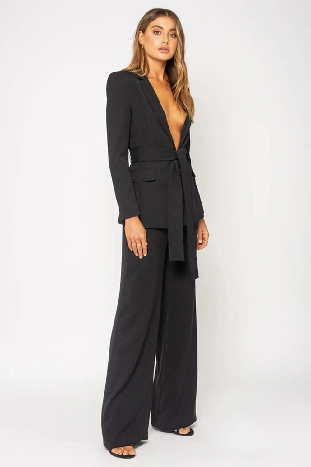Conjuntos de trajes personalizados para mujer, blazer ajustado con solapa y muesca, pantalones para mujer, abrigo sexy con cuello en V profundo y cinturón, chaqueta de 2 piezas, pantalones de pierna ancha 