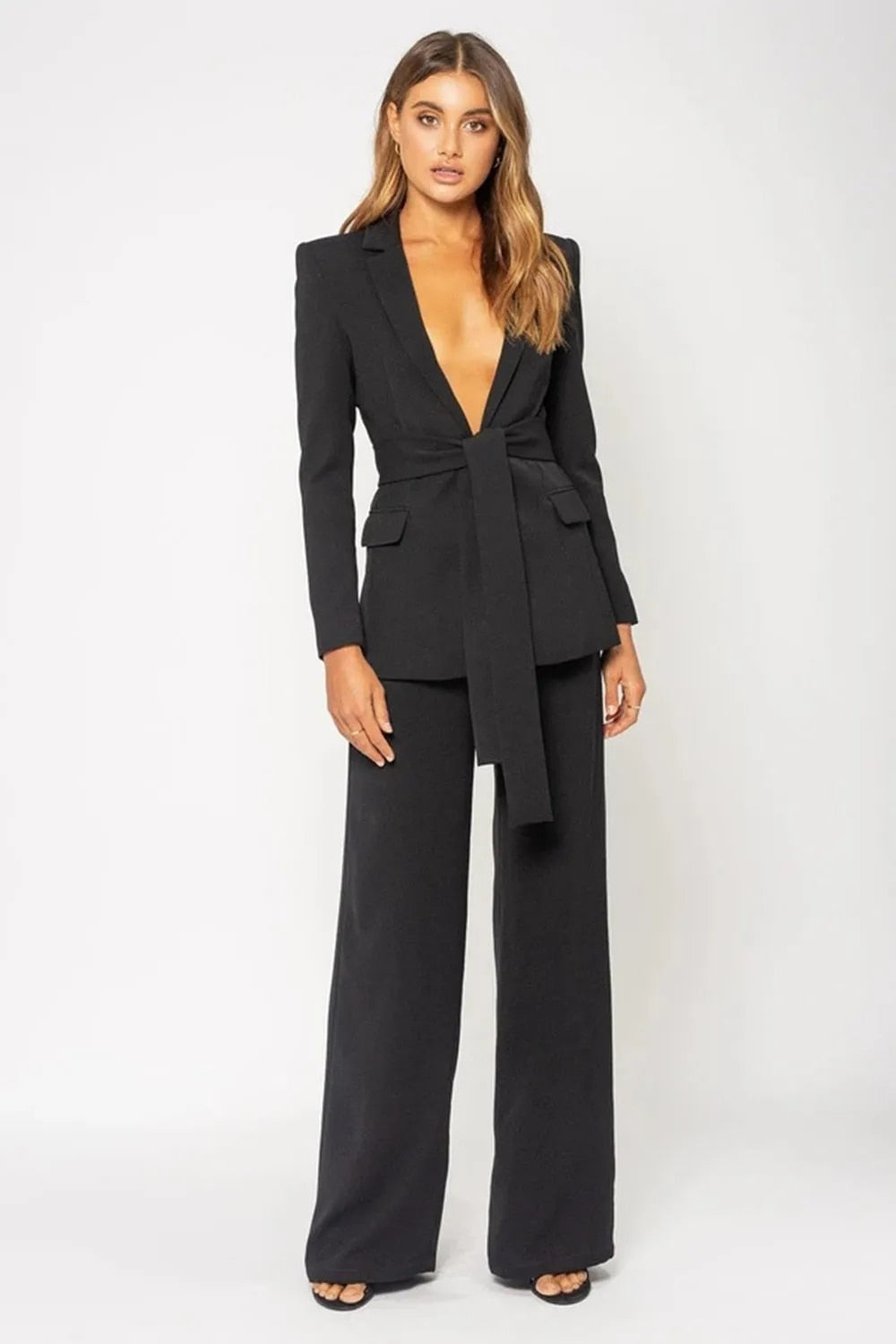 Conjuntos de trajes personalizados para mujer, blazer ajustado con solapa y muesca, pantalones para mujer, abrigo sexy con cuello en V profundo y cinturón, chaqueta de 2 piezas, pantalones de pierna ancha 