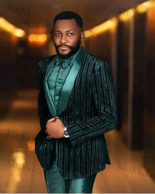 Customized Fashion Dark Green Wedding Men Suits New Shine Casual Tailor-Made Groom 2-Pieces Formal Occasions Singer Party